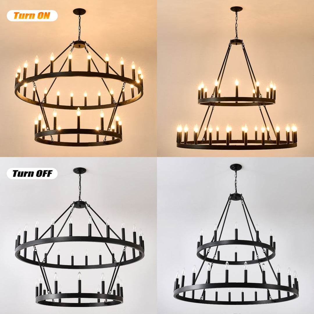 2 Tiers Wagon Wheel Chandelier Wooden Farmhouse 36-Light(24+12) or (12+24 ), Black Metal Chandeliers 2-Story Light Fixtures Industrial for High Ceiling Living Dining Room Foyer. Adjustable Height