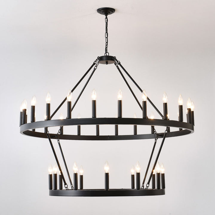 2 Tiers Wagon Wheel Chandelier Wooden Farmhouse 36-Light(24+12) or (12+24 ), Black Metal Chandeliers 2-Story Light Fixtures Industrial for High Ceiling Living Dining Room Foyer. Adjustable Height