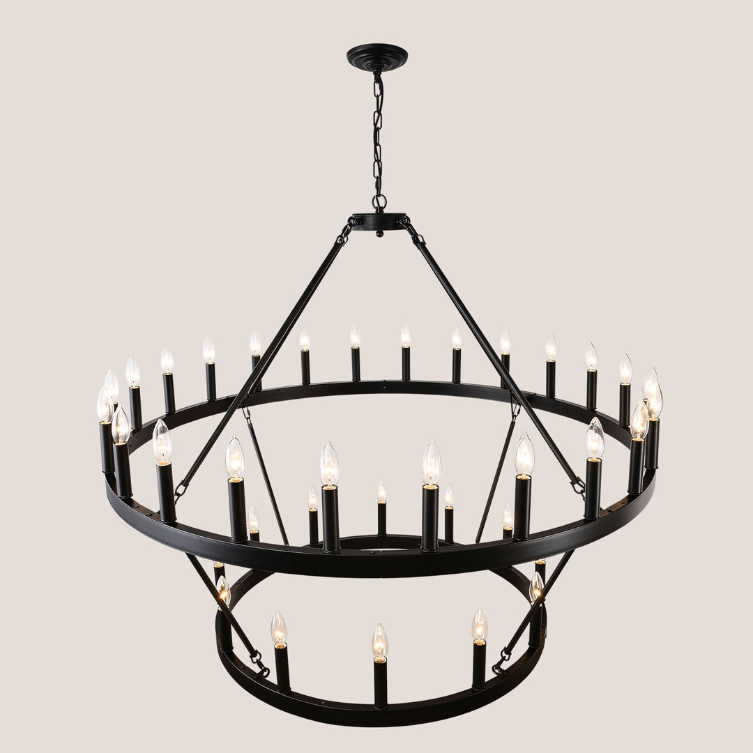2 Tiers Wagon Wheel Chandelier Wooden Farmhouse 36-Light(24+12) or (12+24 ), Black Metal Chandeliers 2-Story Light Fixtures Industrial for High Ceiling Living Dining Room Foyer. Adjustable Height