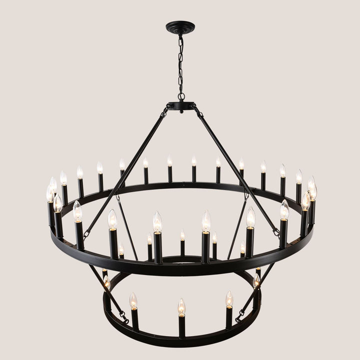 2 Tiers Wagon Wheel Chandelier Wooden Farmhouse 36-Light(24+12) or (12+24 ), Black Metal Chandeliers 2-Story Light Fixtures Industrial for High Ceiling Living Dining Room Foyer. Adjustable Height
