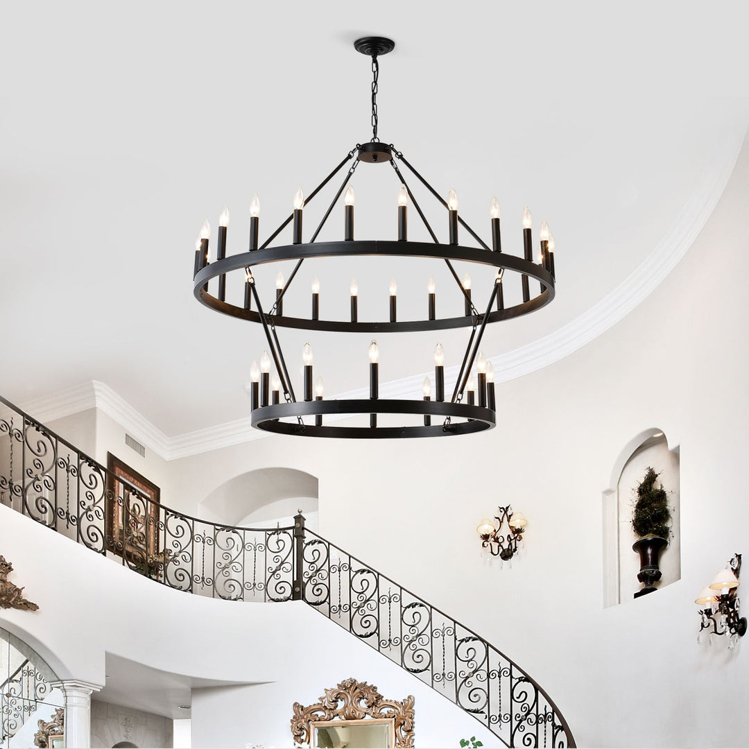 2 Tiers Wagon Wheel Chandelier Wooden Farmhouse 36-Light(24+12) or (12+24 ), Black Metal Chandeliers 2-Story Light Fixtures Industrial for High Ceiling Living Dining Room Foyer. Adjustable Height