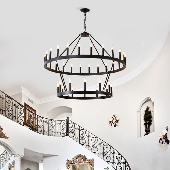 2 Tiers Wagon Wheel Chandelier Wooden Farmhouse 36-Light(24+12) or (12+24 ), Black Metal Chandeliers 2-Story Light Fixtures Industrial for High Ceiling Living Dining Room Foyer. Adjustable Height