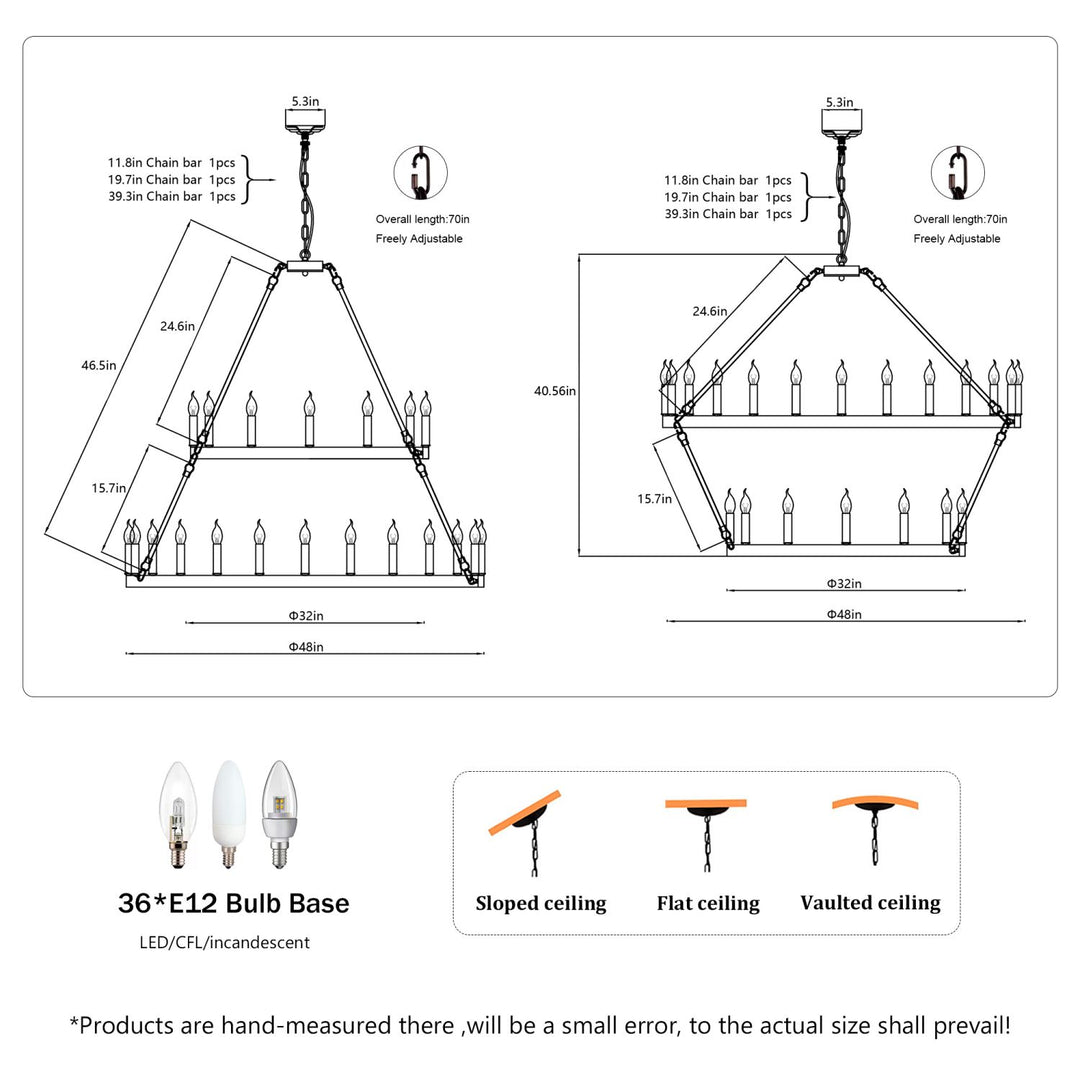 2 Tiers Wagon Wheel Chandelier Wooden Farmhouse 36-Light(24+12) or (12+24 ), Black Metal Chandeliers 2-Story Light Fixtures Industrial for High Ceiling Living Dining Room Foyer. Adjustable Height