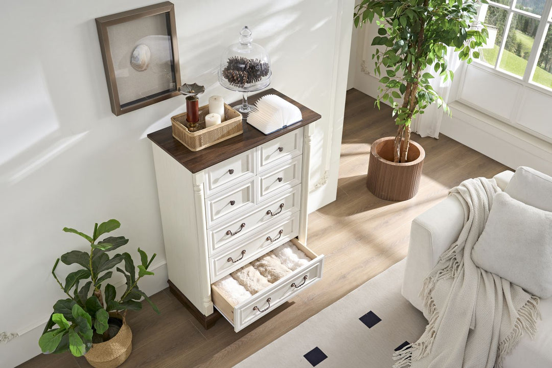 7 Drawer Dresser Chest for Bedroom with Wooden Base and Riser Trim, Wooden Rustic Rustic Chest of Drawers, Storage Dresser for Bedroom, Living Room