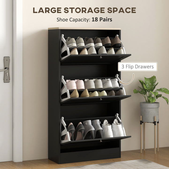 Modern Shoe Storage with 3 Flip Drawers and Adjustable Shelves, Shoe Cabinet Organizer for 18 Pairs of Shoes, Black