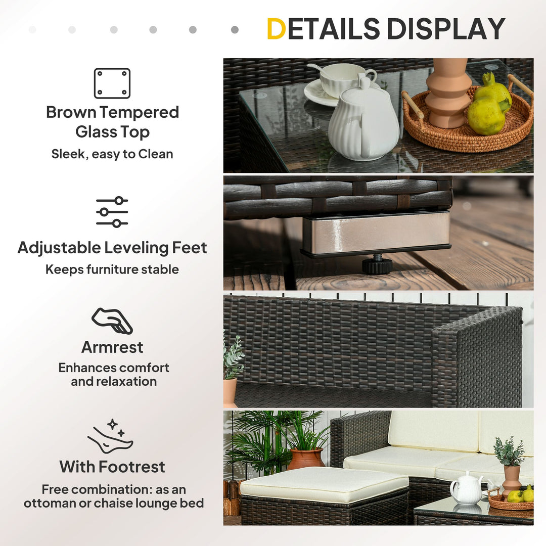 3 Pieces Patio Furniture Set with Cushions, Outdoor PE Rattan Wicker Conversation Corner Sofa Set with Glass Top Table and Adjustable Foot for Garden, Lawn, Cream White