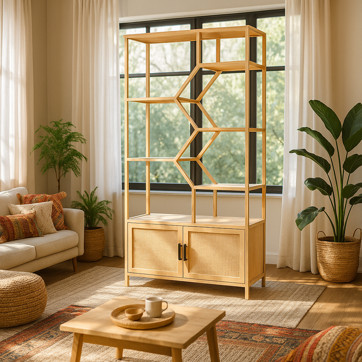 Rattan bookshelf 5 tiers Bookcases Storage Rack with cabinet for Living Room Home Office