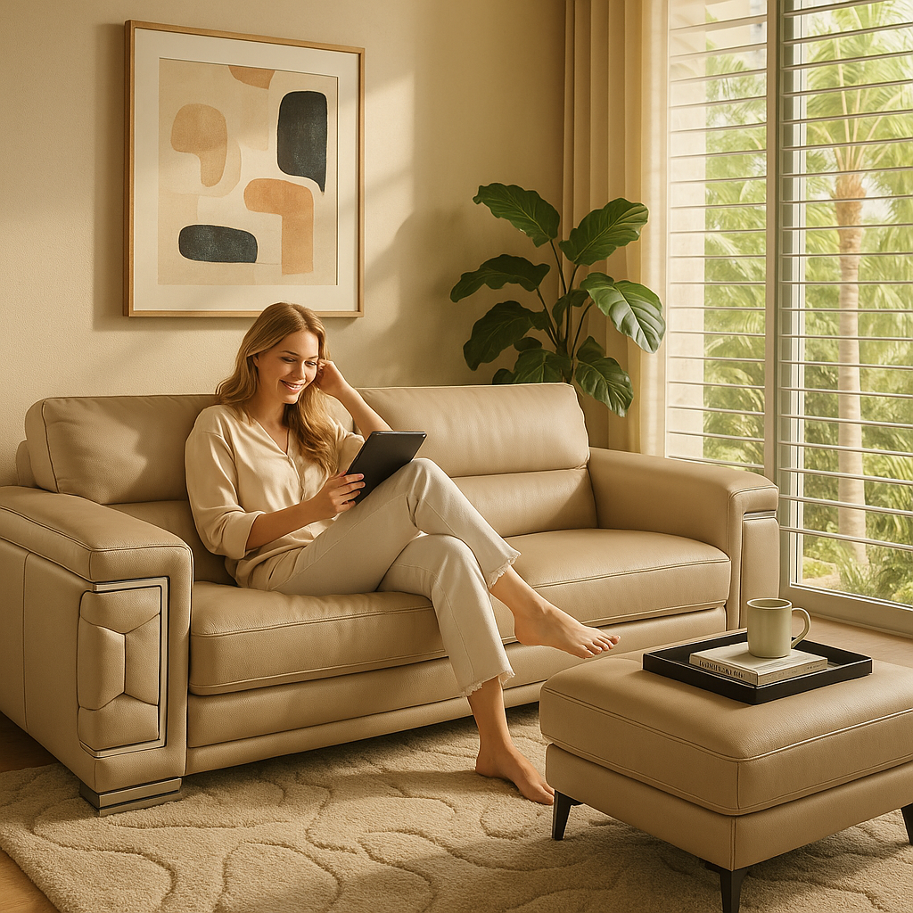 Luxury Beige Italian Leather Living Room Set - 3-Piece Coil Spring Sofa with Wood Frame