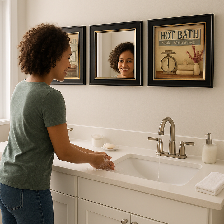 Refined Trio Black Rim Gallery Bathroom Art & Mirror Set