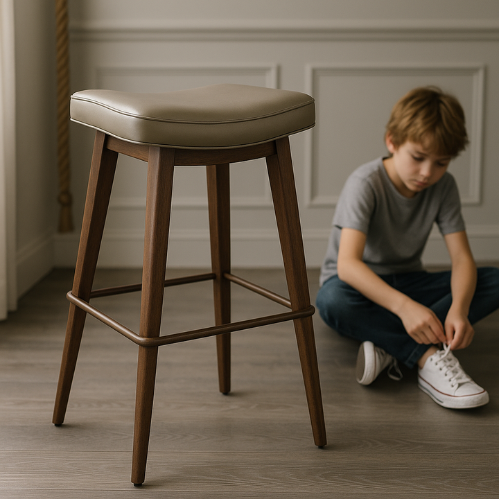 Premium Taupe & Walnut Bar Stools Set of 2 - Modern Kitchen Counter Height Chairs with Leather-Like Upholstery & Steel Base