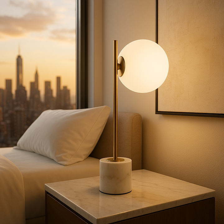 Anechdoche Luxe Mid-Century Table Lamp in Brushed Gold and White Marble