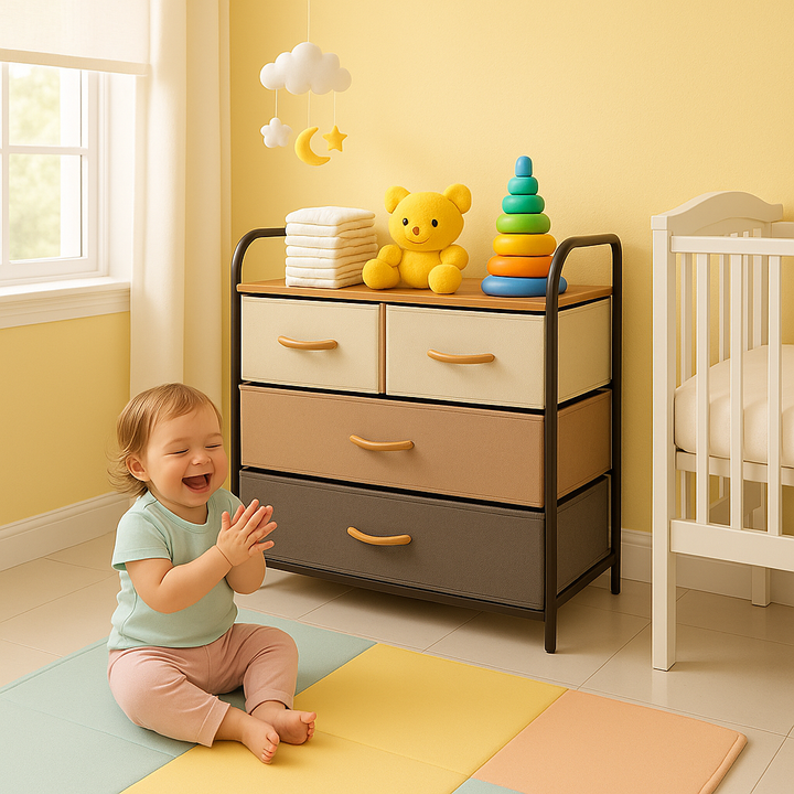 4-Drawer Compact Storage Tower - Multi-Room Organizer Cabinet with Steel Frame & Wood Top