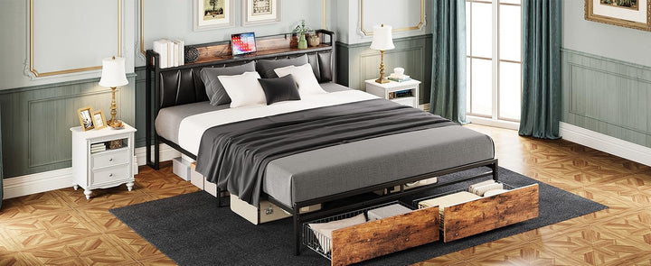 LIKIMIO California King Size Bed Frame, Storage Headboard with Charging Station, Platform Bed with Drawers, No Box Spring Needed