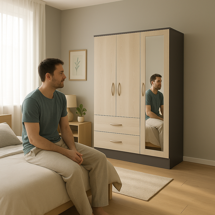 modern Black Rock Mirrored Armoire - Elegant 2-Drawer Wardrobe with Full-Length Mirror & Dual Storage