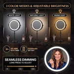 Makeup mirror demonstrating seamless dimming across warm, natural, and cool light