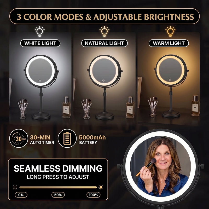 Makeup mirror demonstrating seamless dimming across warm, natural, and cool light