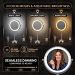 Makeup mirror demonstrating seamless dimming across warm, natural, and cool light
