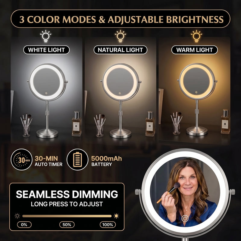Makeup mirror demonstrating seamless dimming across warm, natural, and cool light