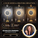 Makeup mirror demonstrating seamless dimming across warm, natural, and cool light