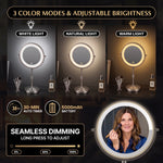 Makeup mirror demonstrating seamless dimming across warm, natural, and cool light