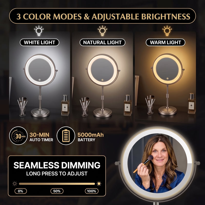 Makeup mirror demonstrating seamless dimming across warm, natural, and cool light
