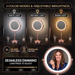 Makeup mirror demonstrating seamless dimming across warm, natural, and cool light