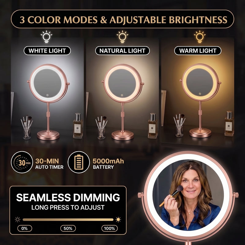 Makeup mirror demonstrating seamless dimming across warm, natural, and cool light