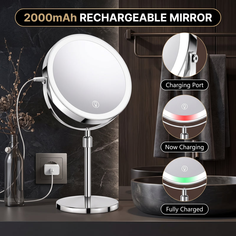 Makeup mirror demonstrating seamless dimming across warm, natural, and cool light