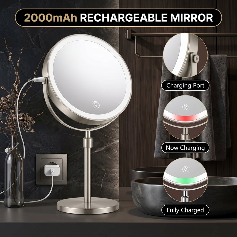 Makeup mirror demonstrating seamless dimming across warm, natural, and cool light