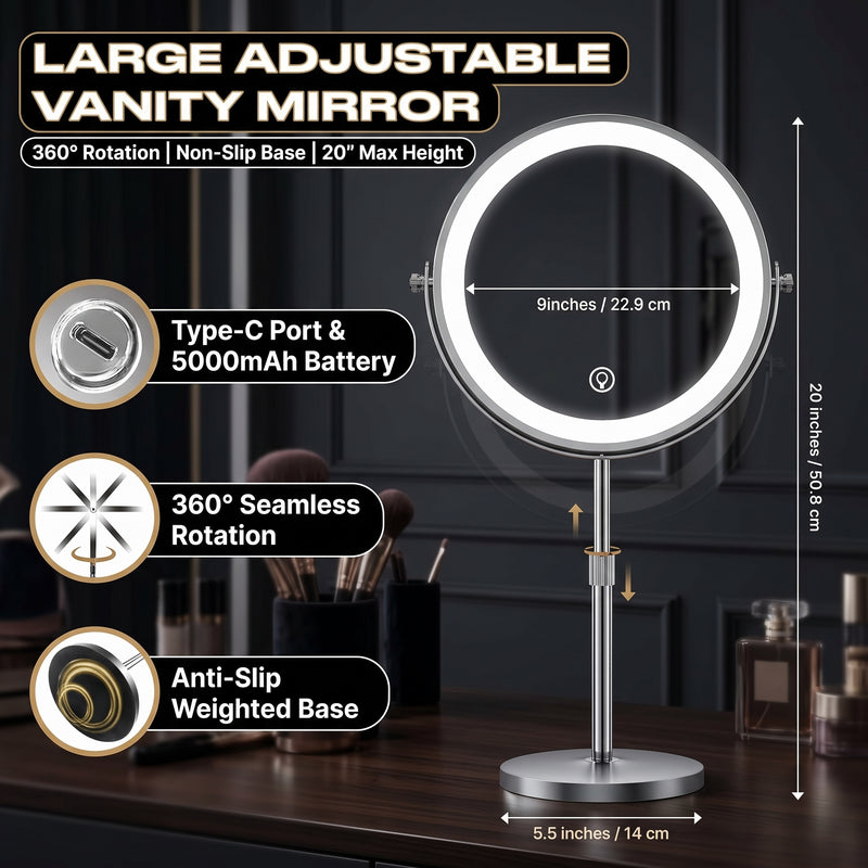 Makeup mirror demonstrating seamless dimming across warm, natural, and cool light