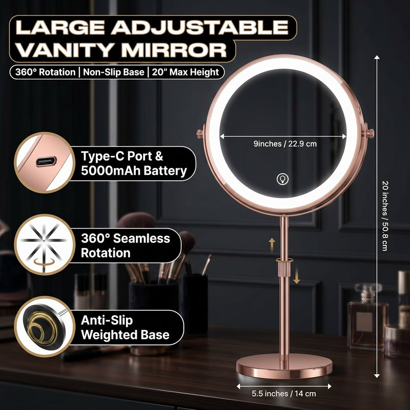 Makeup mirror demonstrating seamless dimming across warm, natural, and cool light