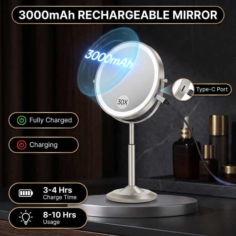 Makeup mirror demonstrating seamless dimming across warm, natural, and cool light