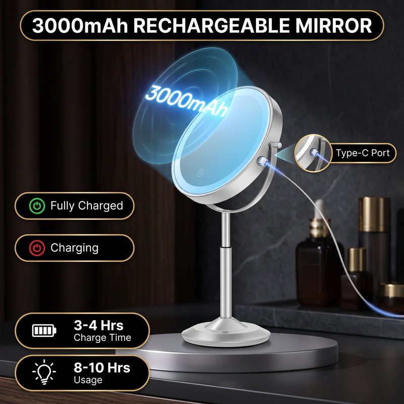 Makeup mirror demonstrating seamless dimming across warm, natural, and cool light