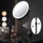 Chrome double-sided LED magnifying makeup mirror on an adjustable stand