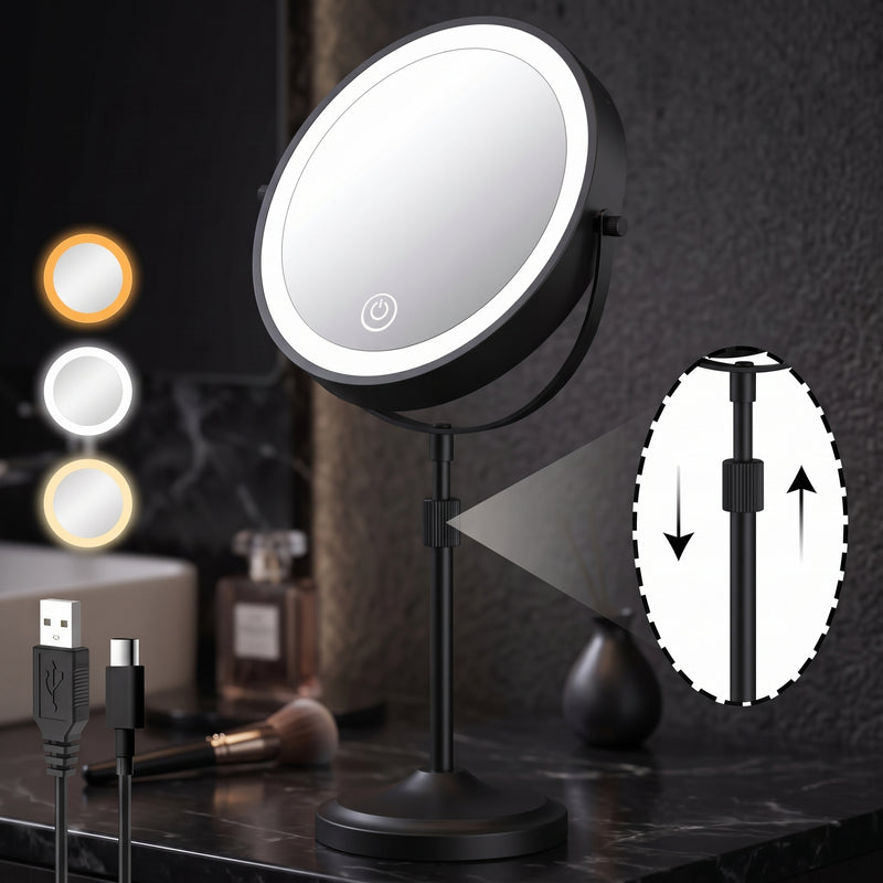 Chrome double-sided LED magnifying makeup mirror on an adjustable stand