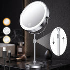 Chrome double-sided LED magnifying makeup mirror on an adjustable stand