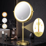 Chrome double-sided LED magnifying makeup mirror on an adjustable stand