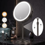 Chrome double-sided LED magnifying makeup mirror on an adjustable stand