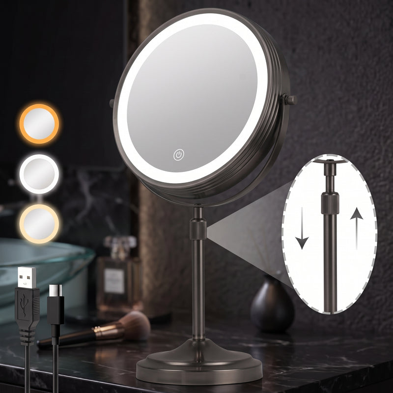 Chrome double-sided LED magnifying makeup mirror on an adjustable stand