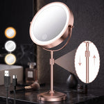 Chrome double-sided LED magnifying makeup mirror on an adjustable stand