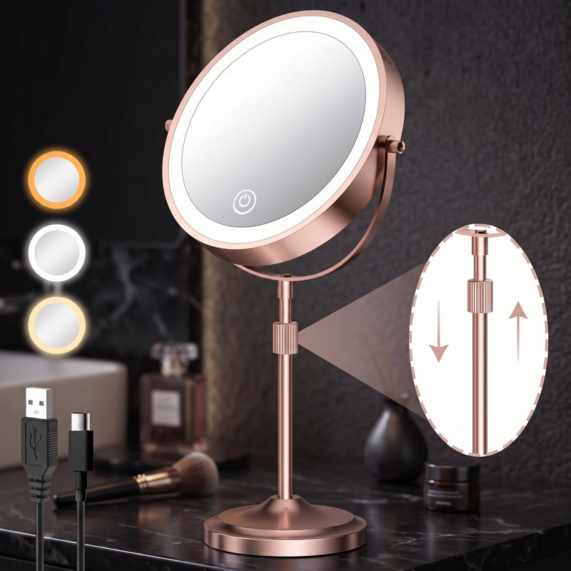 Chrome double-sided LED magnifying makeup mirror on an adjustable stand