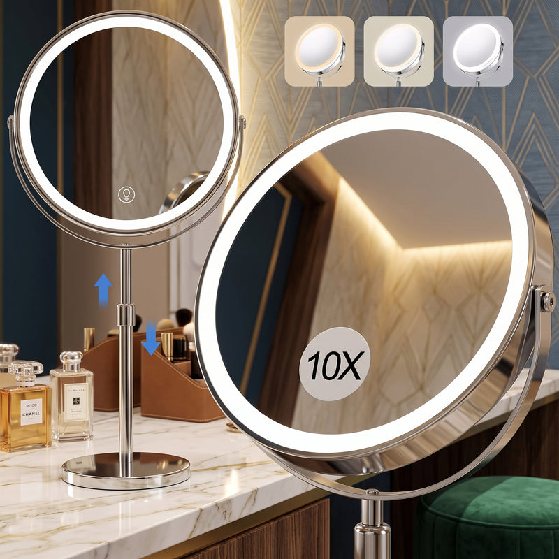 Chrome double-sided LED magnifying makeup mirror on an adjustable stand