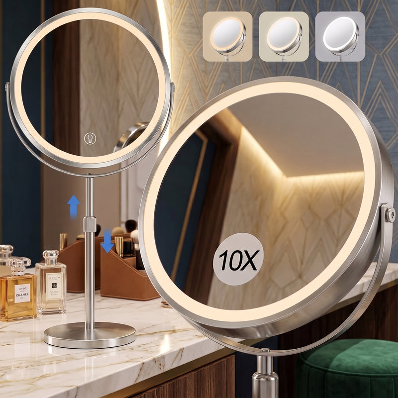 Chrome double-sided LED magnifying makeup mirror on an adjustable stand