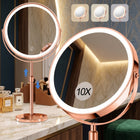 Chrome double-sided LED magnifying makeup mirror on an adjustable stand