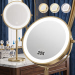 Chrome double-sided LED magnifying makeup mirror on an adjustable stand