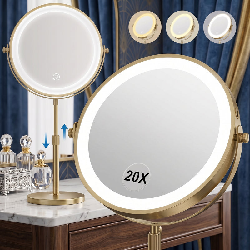 Chrome double-sided LED magnifying makeup mirror on an adjustable stand