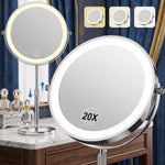 Chrome double-sided LED magnifying makeup mirror on an adjustable stand