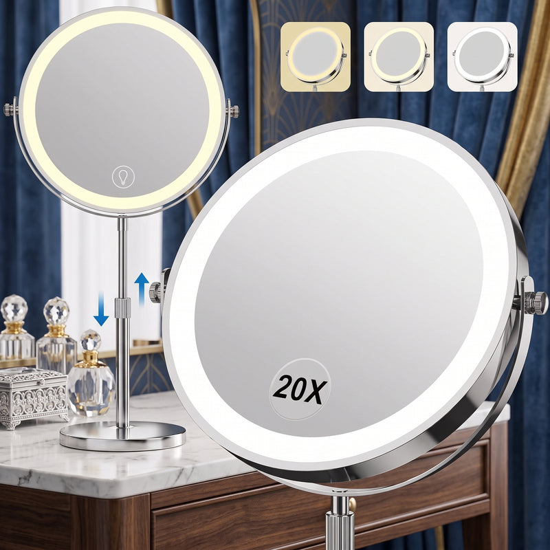Chrome double-sided LED magnifying makeup mirror on an adjustable stand