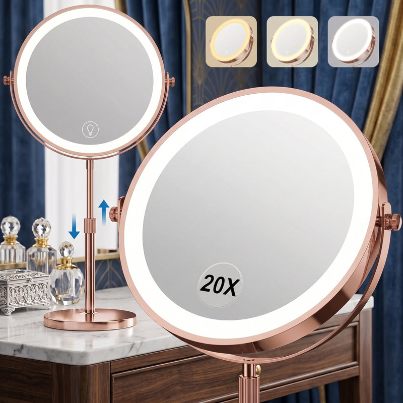 Chrome double-sided LED magnifying makeup mirror on an adjustable stand
