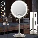 Chrome double-sided LED magnifying makeup mirror on an adjustable stand